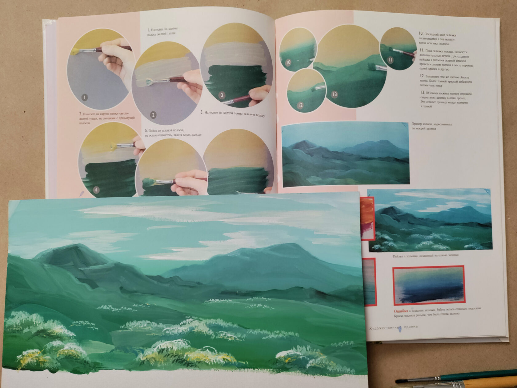 Spread with a mountain landscape, and the painting