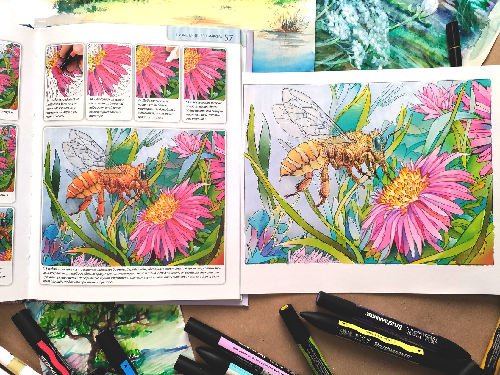 Spread: flowers and a bee