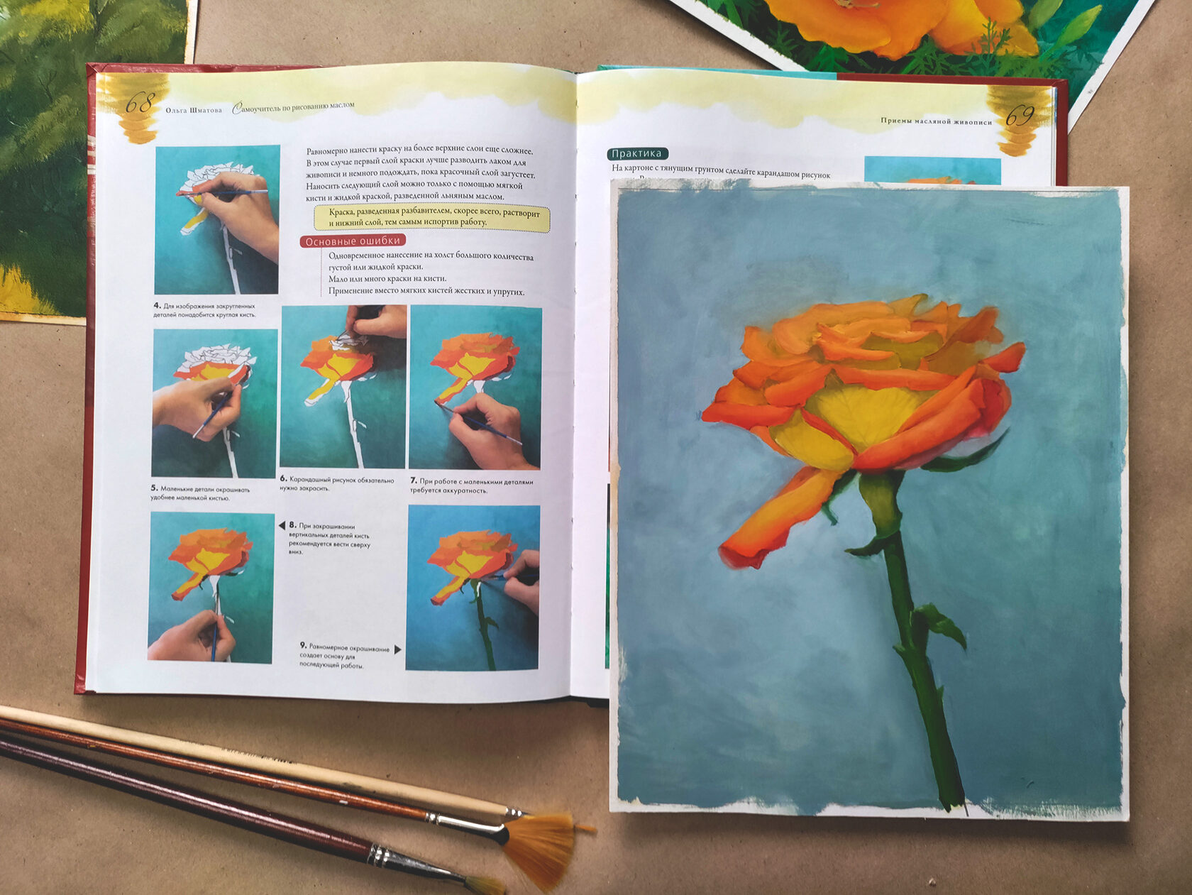Spread: a step-by-step rose, and the painting