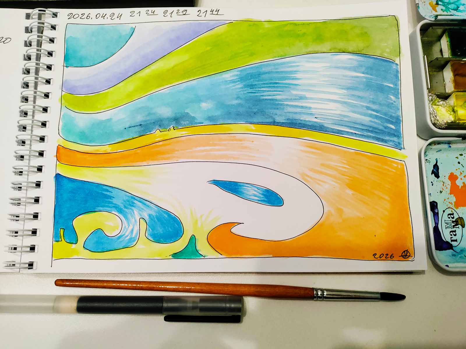 An Emoframe — a dated page of the Emoframes Journal with a state drawn in flowing watercolor