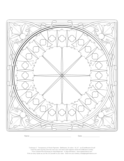 Bellflowers practice sheet: two rings of overlapping bellflowers in a circle