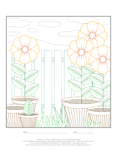 Potted Flowers practice sheet: flowers in pots in front of a fence